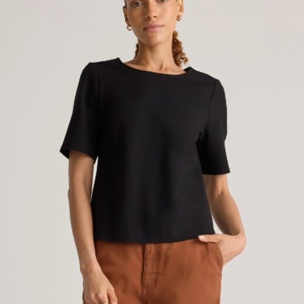 Quince Ultra-Stretch Ponte Short Sleeve Top Black M - Picture 2 of 3